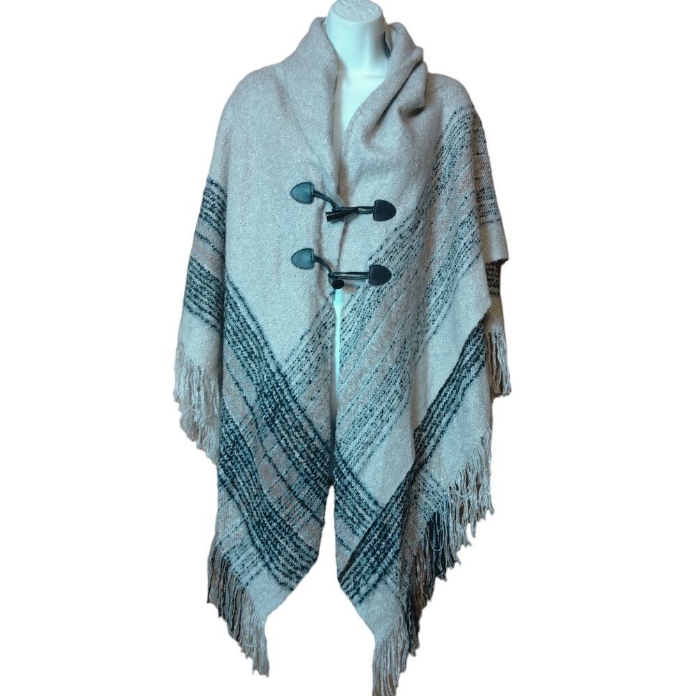 MIXIT One Size Shawl Wrap Desert Taupe Toggle Closure Plaid Casual Boho Comfy